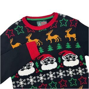 Ugly Christmas Sweater XL Santa Reindeer Snowflake Trees Black Red Knit